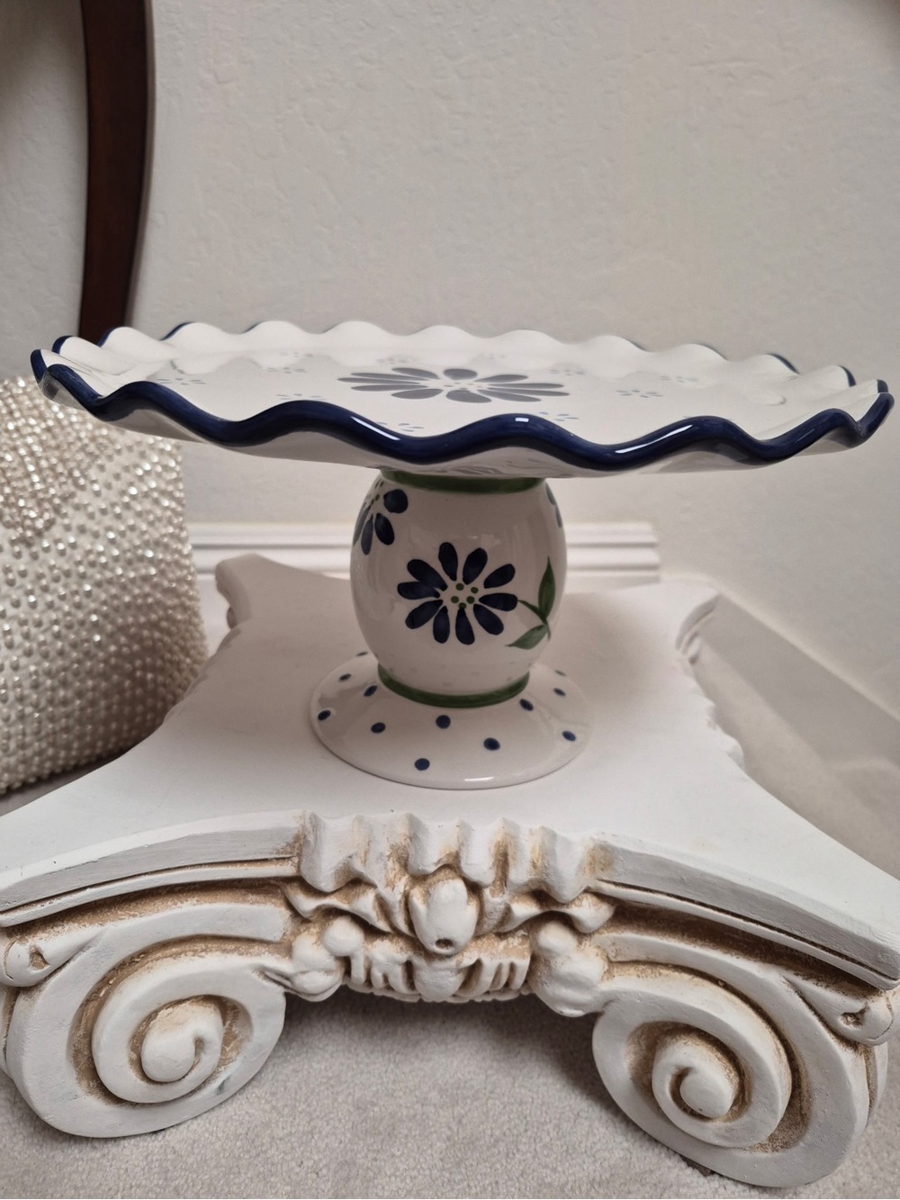 Pfaltzgraff White Ceramic Pedestal Cake Stand with Blue Floral Accents